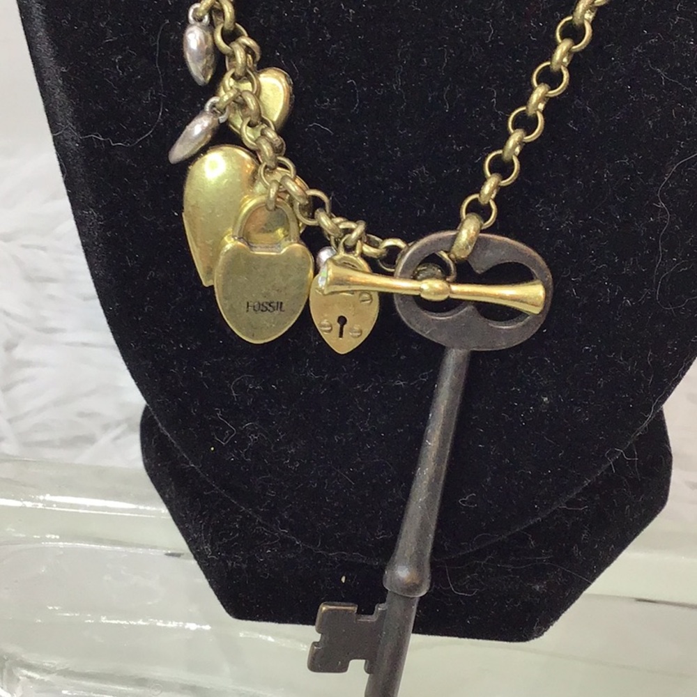 Fossil mixed metals Skeleton Key charm Necklace